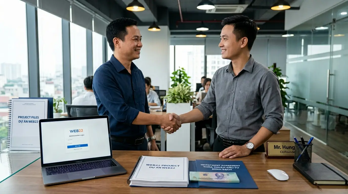 Hình ảnh hai doanh nhân Việt Nam thực hiện cái bắt tay ký kết hợp đồng và bàn giao tài khoản quản trị website chuyên nghiệp.