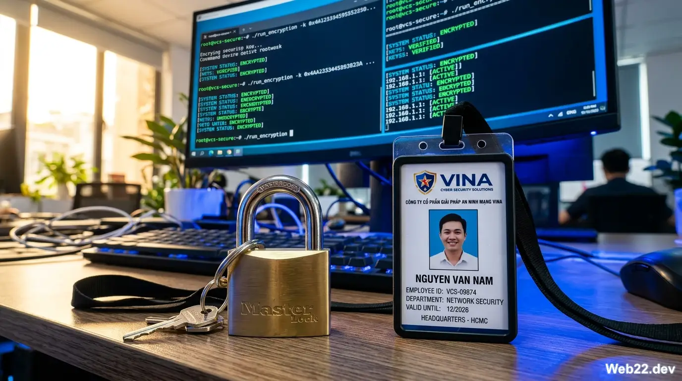 Một chiếc khóa số kỹ thuật số bảo vệ khối dữ liệu mã nguồn website, tượng trưng cho tính an toàn của web code tay.