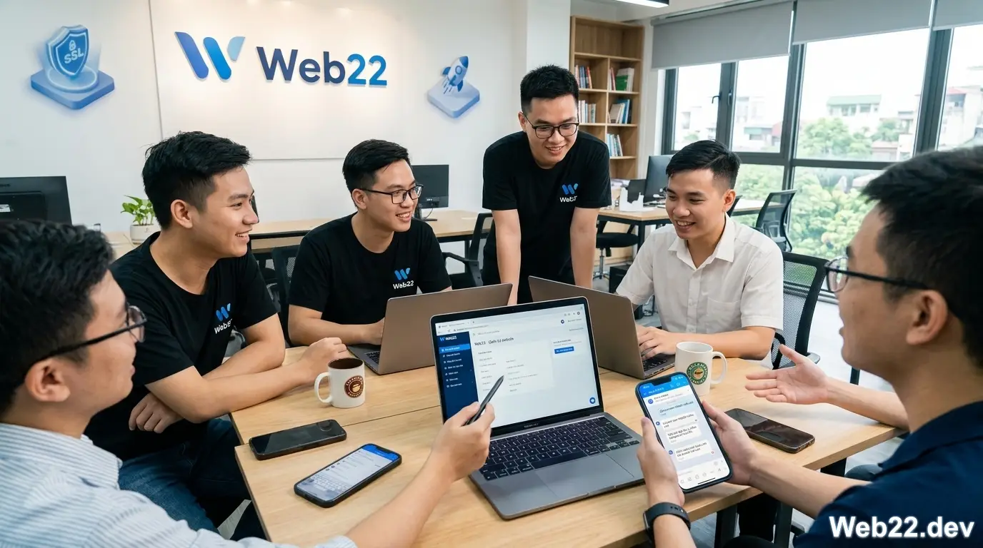 Đội ngũ kỹ thuật Web22 đang hỗ trợ khách hàng Việt Nam qua Zalo và hướng dẫn sử dụng hệ thống quản trị website kéo thả