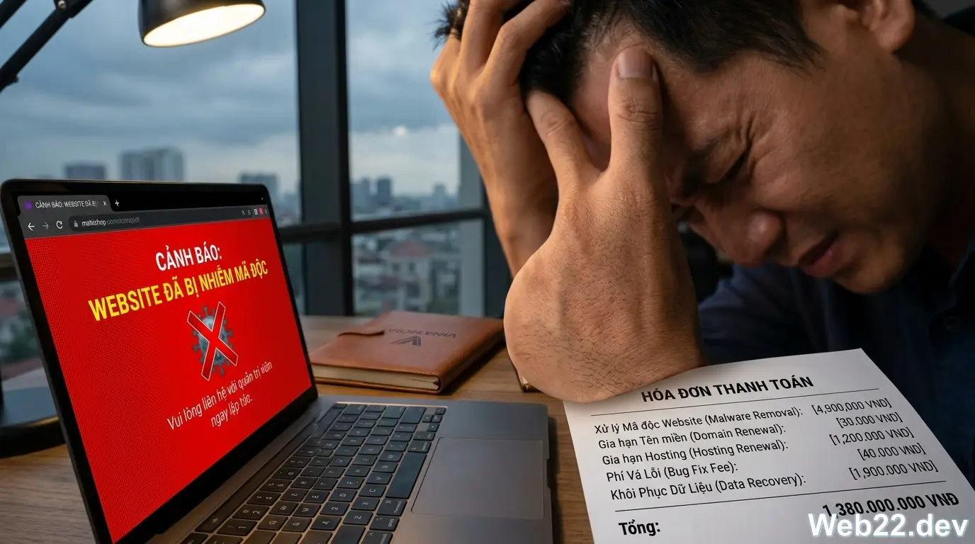 Hình ảnh so sánh giữa một website bị lỗi giao diện, hiện mã độc cảnh báo đỏ và một chủ doanh nghiệp đang lo lắng về chi phí ẩn.