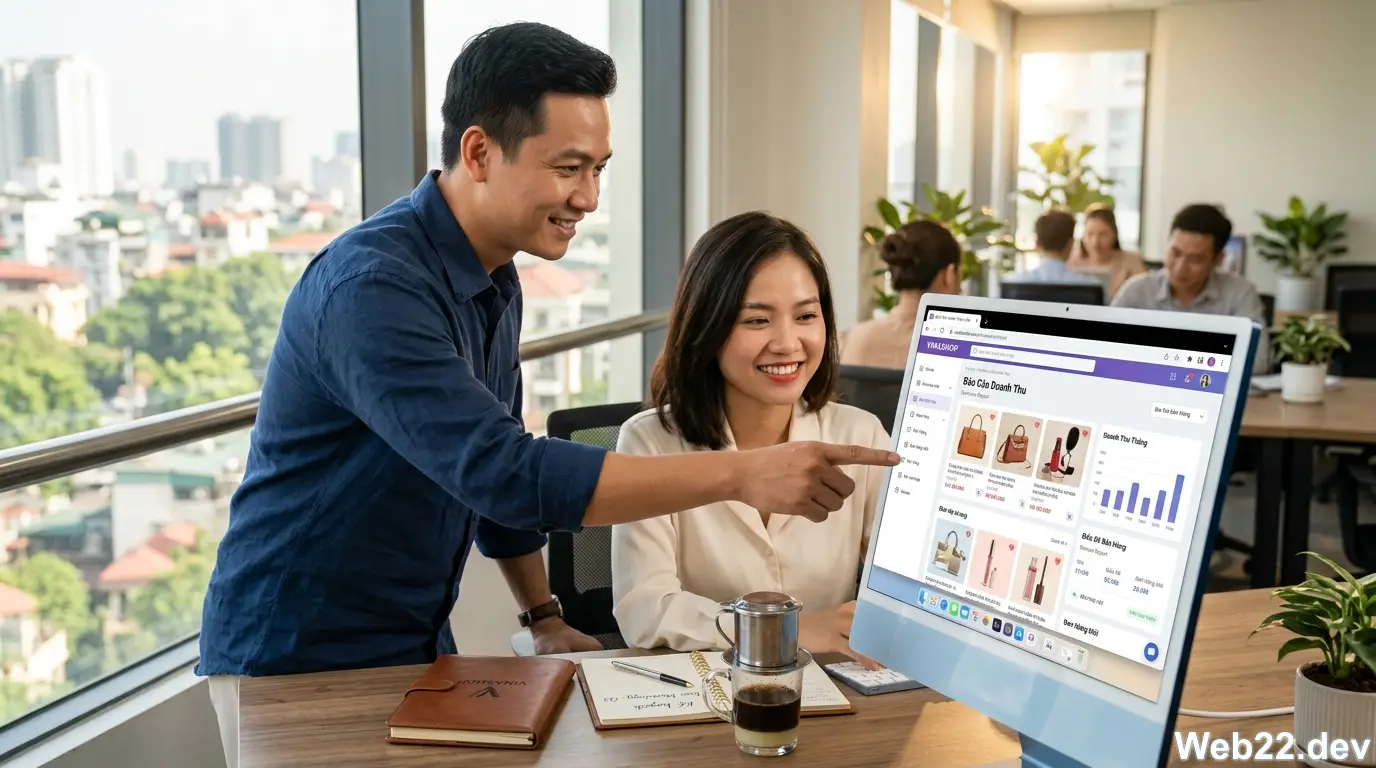 Chuyên gia SEO đang tư vấn giải pháp thiết kế website giá rẻ tối ưu ngân sách cho chủ doanh nghiệp trẻ trong văn phòng hiện đại tại TP.HCM.