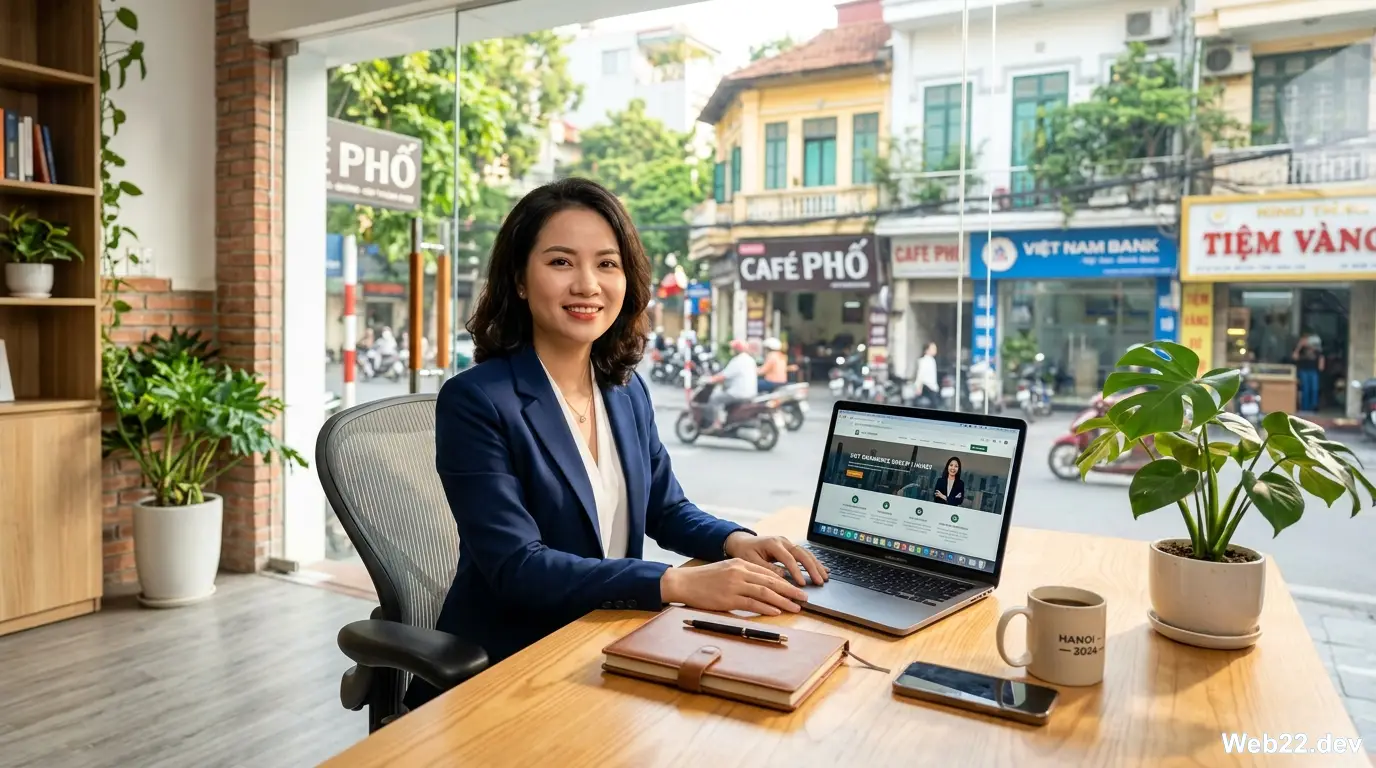 Hình ảnh một nữ doanh nhân Việt Nam đang mỉm cười tự tin bên chiếc laptop hiển thị giao diện quản trị website có biểu tượng ổ khóa bảo mật SSL xanh, tượng trưng cho sự an toàn của dịch vụ thiết kế web giá rẻ uy tín.