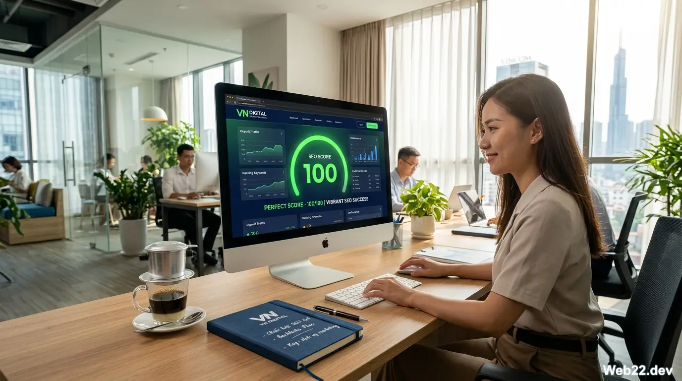 Hình ảnh mô phỏng một website giá rẻ nhưng sở hữu cấu trúc mã nguồn tối ưu chuẩn SEO với các chỉ số xanh từ Google Lighthouse, thể hiện sự chuyên nghiệp và tin cậy.