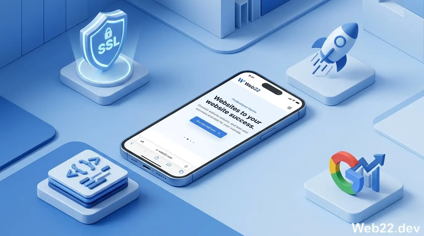 Sơ đồ đồ họa các tiêu chuẩn kỹ thuật của Web22 gồm Clean Code, Responsive di động, Tốc độ load trang xanh mướt và chứng chỉ bảo mật SSL HTTPS.
