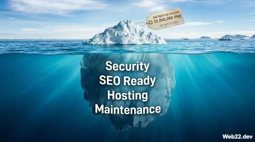 Hình ảnh minh họa một tảng băng trôi trên biển, phần nổi ghi chữ "Giá rẻ 2 triệu" và phần chìm khổng lồ dưới nước liệt kê các chi phí ẩn như bảo mật, SEO, hosting và bảo trì.