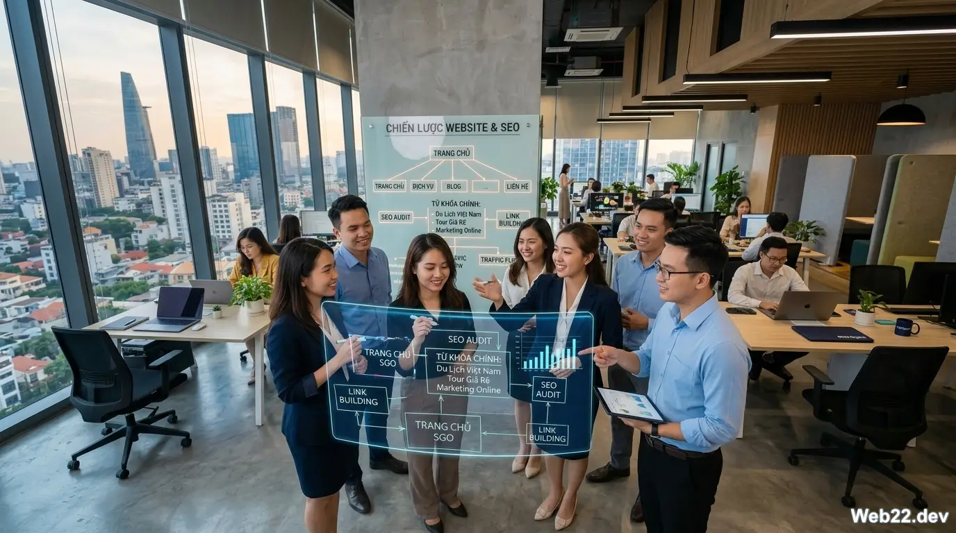 Đội ngũ kỹ thuật Web22 đang thảo luận về cấu trúc Technical SEO và mã nguồn website chuẩn chỉnh trên bảng trắng tại văn phòng.