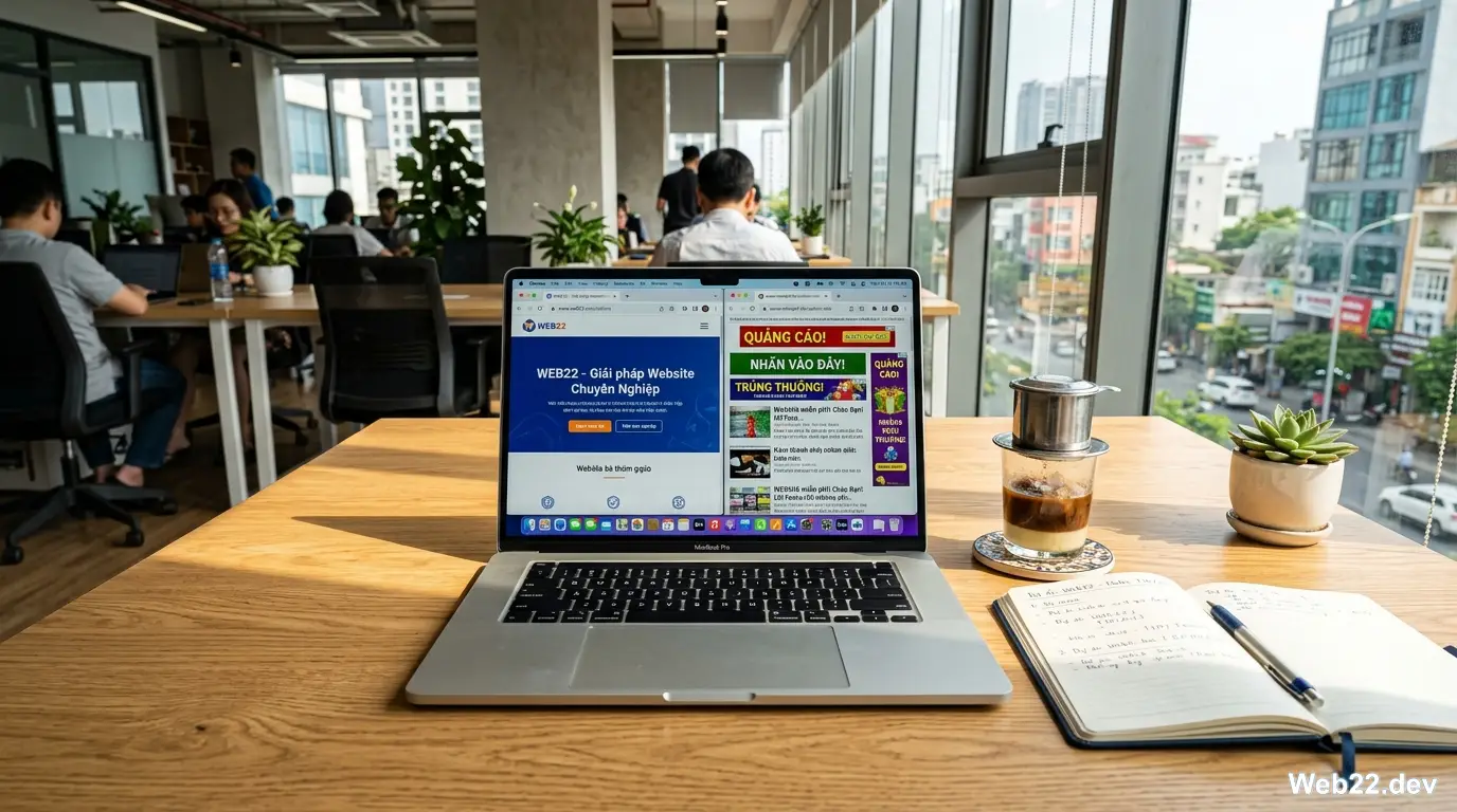 Hình ảnh so sánh sự khác biệt giữa website doanh nghiệp chuyên nghiệp có tên miền riêng Việt Nam và trang web miễn phí bị chèn quảng cáo rác.