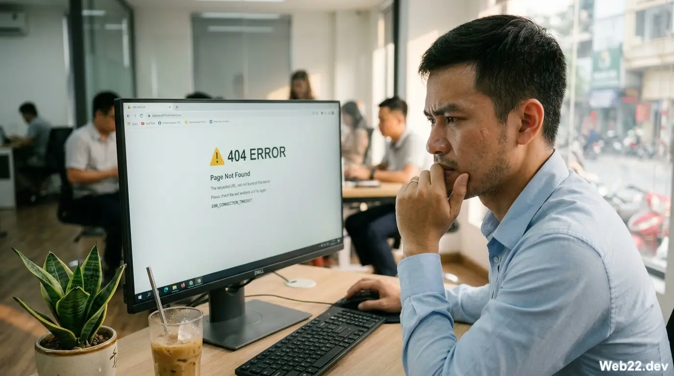 Một nam chủ doanh nghiệp Việt Nam đang lo lắng, tay ôm đầu nhìn vào màn hình laptop hiện thông báo lỗi "502 Bad Gateway" do sập web vì hosting chất lượng thấp.
