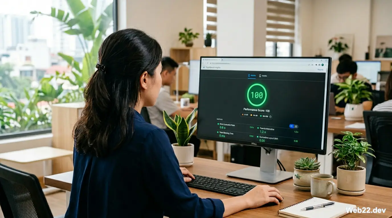 Biểu đồ Google PageSpeed Insights đạt điểm 100 xanh mượt của một website thiết kế bởi Web22, thể hiện tốc độ tải trang vượt trội.