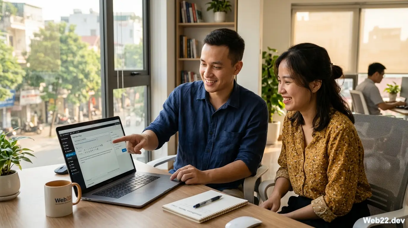 Chuyên gia Web22 đang hướng dẫn khách hàng cách quản trị nội dung trên hệ thống WordPress tinh gọn, giúp doanh nghiệp làm chủ công nghệ và tiết kiệm chi phí vận hành.