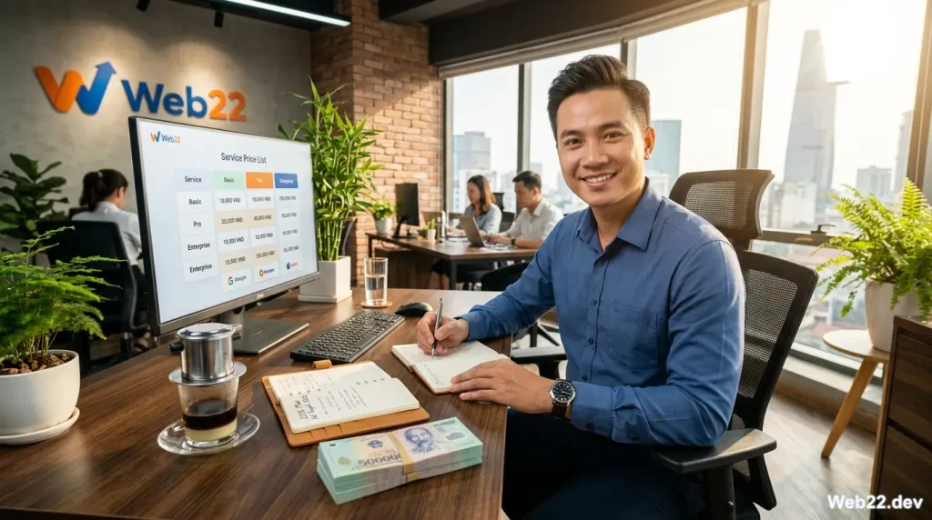 Hình ảnh một nam doanh nhân trẻ người Việt đang mỉm cười hài lòng khi xem bảng báo giá website trọn gói trên laptop, bên cạnh là sổ tay lập kế hoạch kinh doanh và một xấp tiền polymer VNĐ tượng trưng cho sự đầu tư minh bạch.