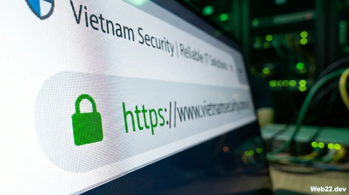 Cận cảnh thanh địa chỉ trình duyệt hiển thị biểu tượng ổ khóa xanh an toàn của giao thức HTTPS trên một website doanh nghiệp Việt Nam.