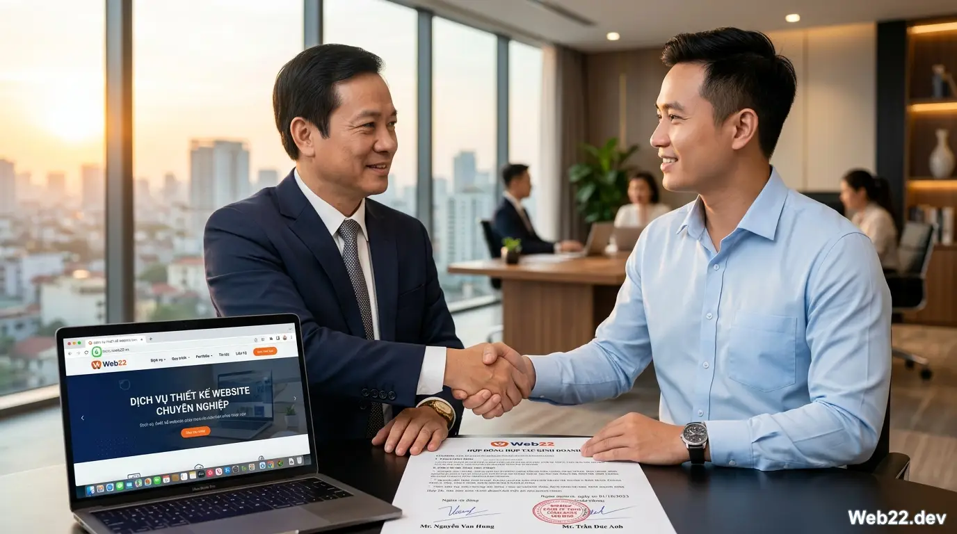 Cái bắt tay ký kết hợp đồng giữa đại diện Web22 và khách hàng Việt Nam, trên màn hình laptop bên cạnh hiển thị chứng chỉ bảo mật SSL (HTTPS) xanh mượt, tượng trưng cho dịch vụ uy tín và an toàn.