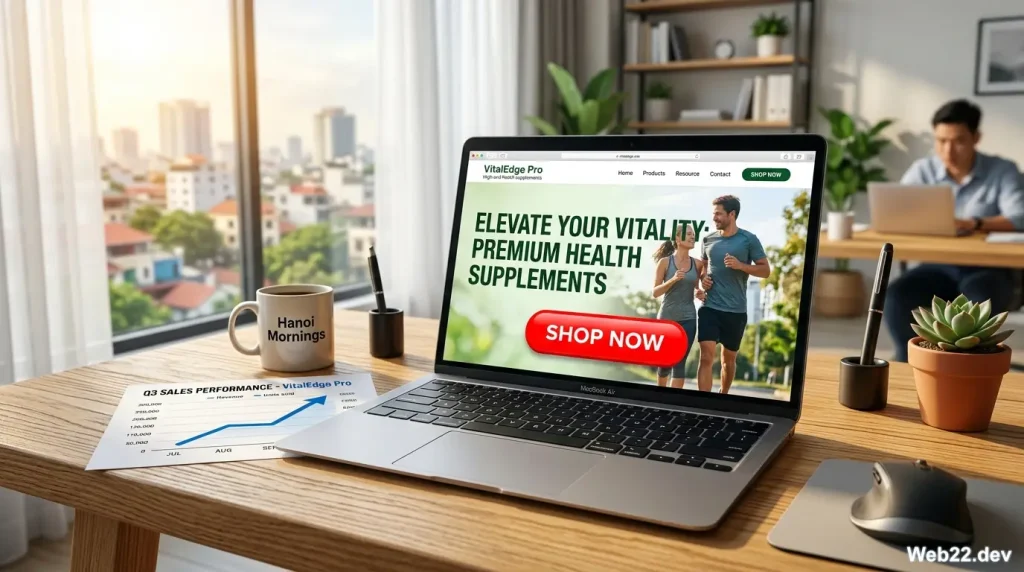 Một chiếc máy tính xách tay hiển thị giao diện Landing Page bán hàng hiện đại với nút đăng ký nổi bật, bên cạnh là biểu đồ doanh thu đang tăng trưởng, bối cảnh văn phòng làm việc chuyên nghiệp tại Việt Nam.