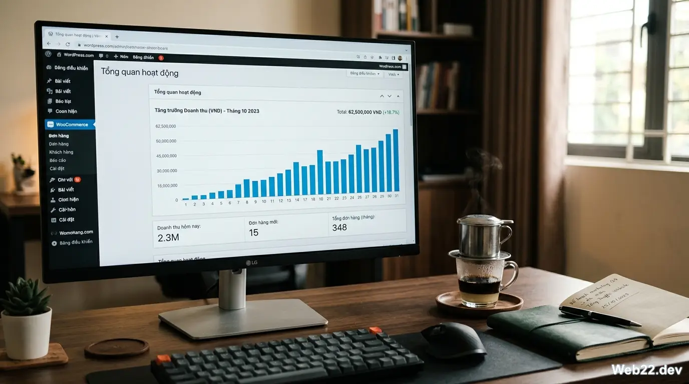 Giao diện quản trị Dashboard của WordPress và plugin WooCommerce hiển thị danh sách sản phẩm, doanh thu và các biểu đồ tăng trưởng trực quan cho người dùng Việt Nam.