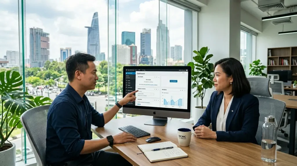 Chuyên gia Web22 đang hướng dẫn một chủ doanh nghiệp Việt Nam cách quản trị website trên giao diện tối giản, tập trung vào việc đăng bài và quản lý dịch vụ mà không cần biết lập trình.