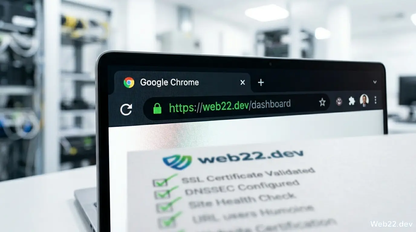 Biểu tượng ổ khóa xanh SSL an toàn trên thanh địa chỉ trình duyệt của một website bán hàng, đi kèm là bảng checklist nghiệm thu chuyên nghiệp của Web22.dev.