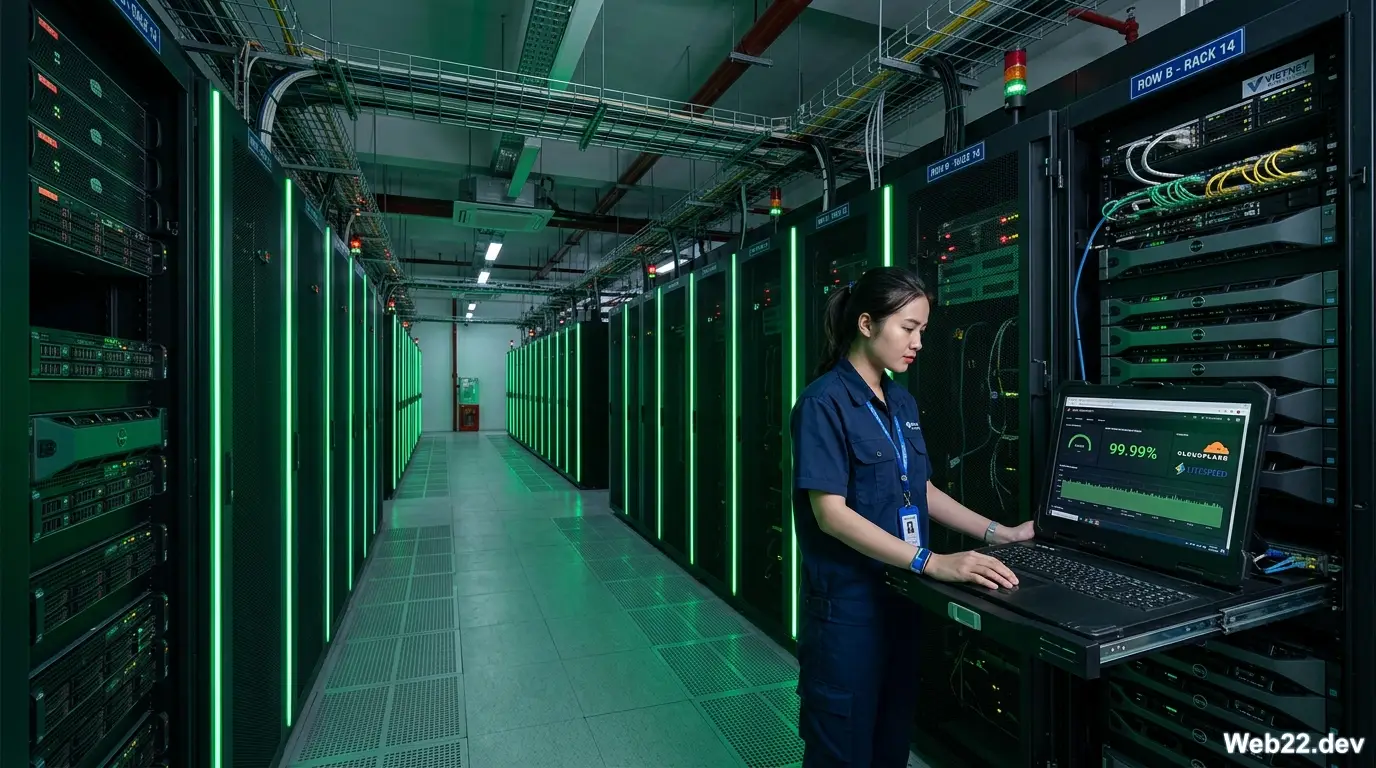 Hệ thống máy chủ hiện đại hỗ trợ công nghệ LiteSpeed và tích hợp Cloudflare giúp website doanh nghiệp SME tại Việt Nam luôn ổn định và bảo mật.