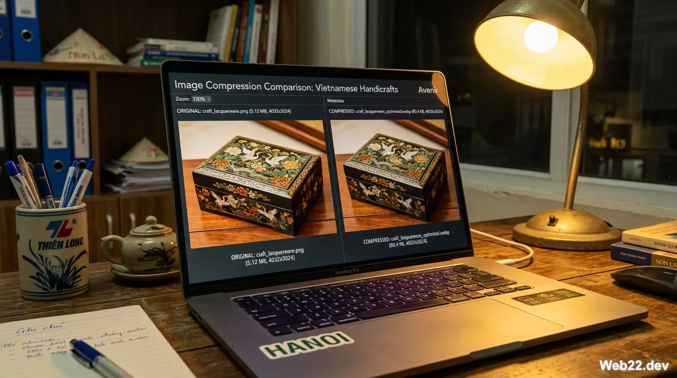 So sánh hình ảnh trước và sau khi tối ưu dung lượng tại Web22, định dạng JPG nén sâu giúp giảm dung lượng tệp tin đáng kể mà vẫn giữ được độ sắc nét cực cao.