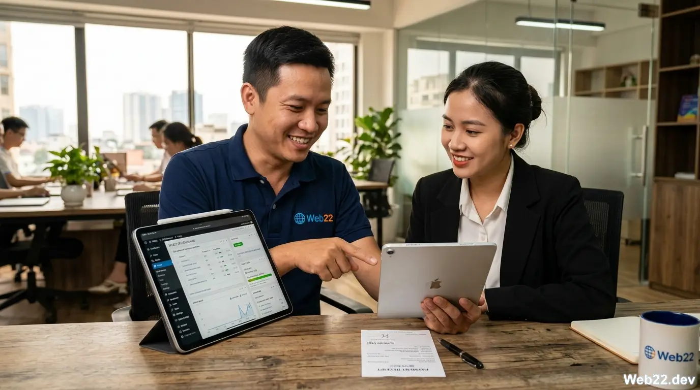 Chuyên gia kỹ thuật của Web22 đang hướng dẫn khách hàng người Việt cách quản trị website trên nền tảng WordPress chuẩn SEO, giúp khách hàng làm chủ hệ thống dễ dàng.