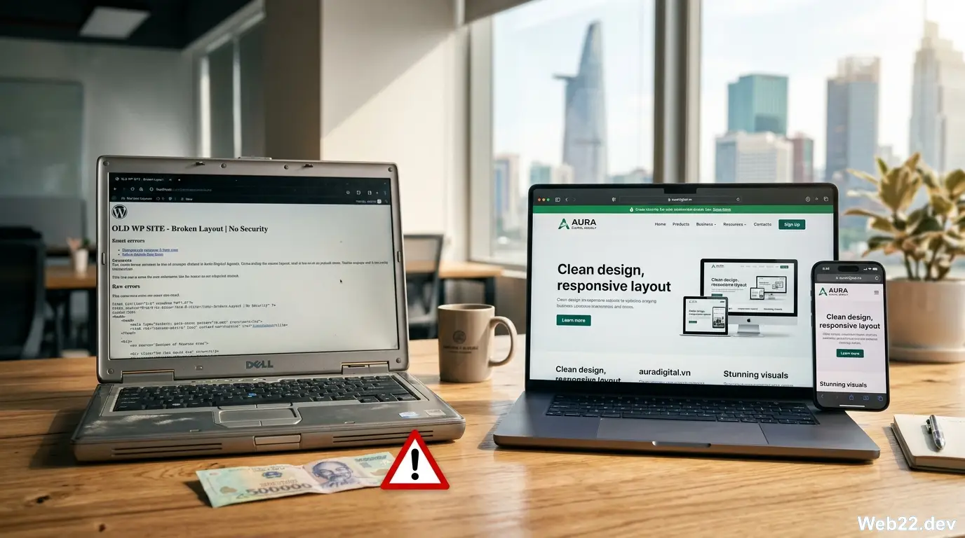 Hình ảnh so sánh sự tương phản giữa một bên là giao diện website sơ sài trên laptop với tờ tiền 500.000 VNĐ và một bên là website doanh nghiệp WordPress chuyên nghiệp, giao diện đẹp, biểu tượng bảo mật, được tối ưu hóa trên nhiều thiết bị.