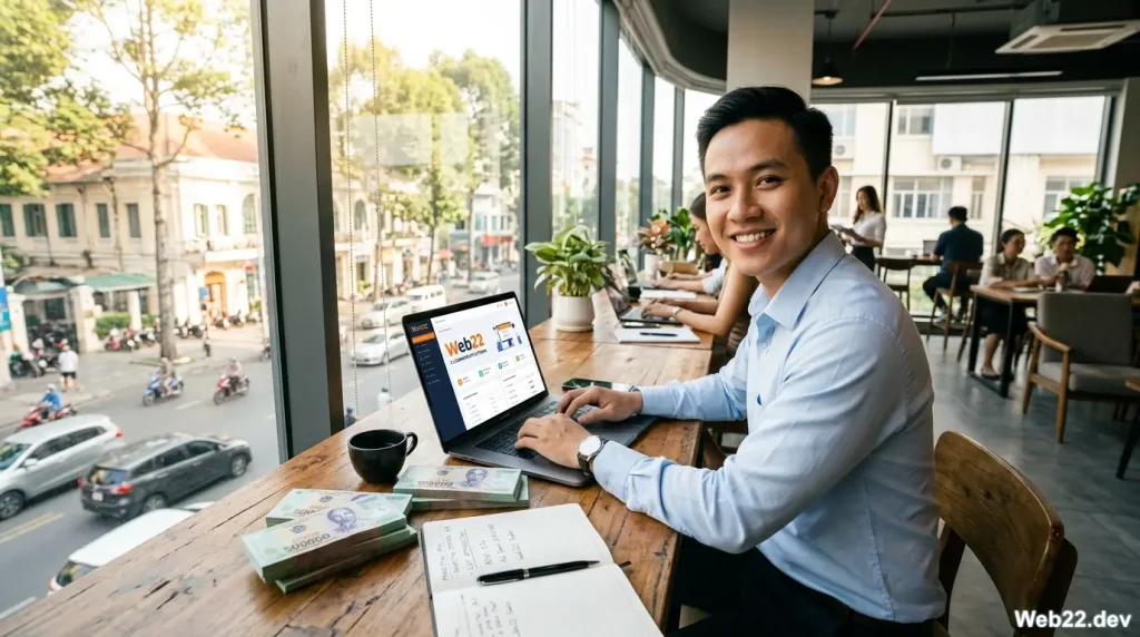 Hình ảnh một doanh nhân trẻ người Việt mỉm cười tự tin bên laptop hiển thị giao diện website professional, trên bàn có mô hình đồ thị tăng trưởng và tiền polymer VNĐ, tượng trưng cho thành công nhờ thiết kế web giá rẻ.