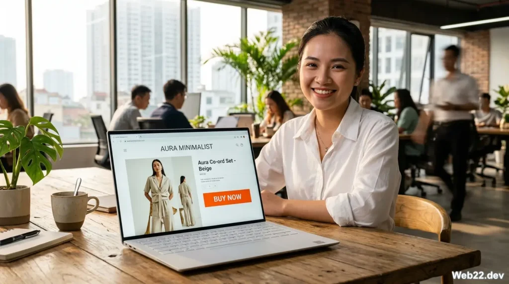 Cận cảnh màn hình máy tính hiển thị giao diện website bán hàng hiện đại với giỏ hàng và nút mua ngay, bên cạnh là chủ doanh nghiệp Việt Nam đang mỉm cười hài lòng tại văn phòng làm việc.