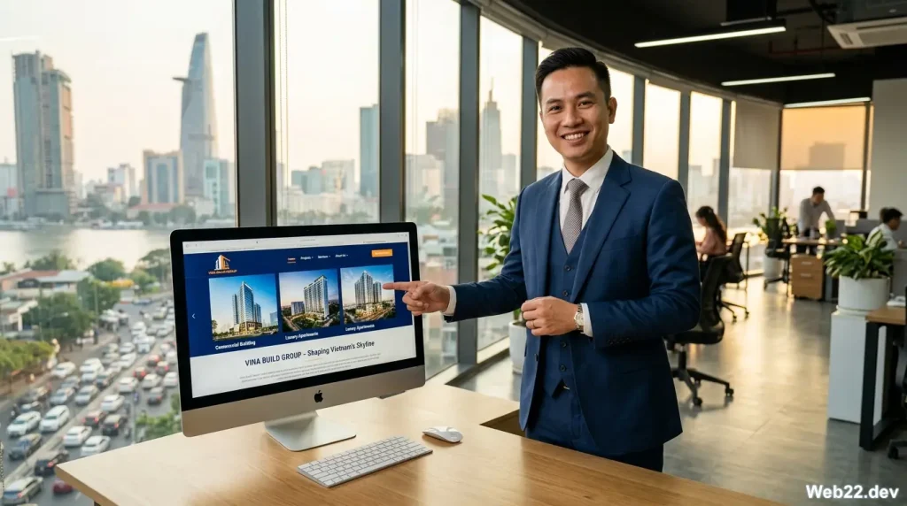 Một nam giám đốc trẻ người Việt Nam đang tự tin giới thiệu hồ sơ năng lực công ty trên màn hình máy tính hiện đại, bối cảnh văn phòng làm việc tại Việt Nam có ánh sáng tự nhiên.