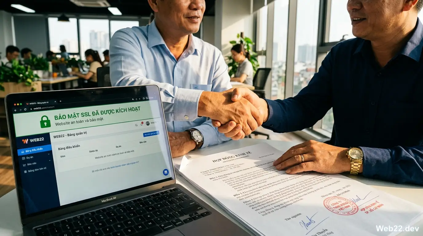 Cận cảnh hai người Việt đang bắt tay ký kết hợp đồng thiết kế website trọn gói, trên bàn có đặt các biểu tượng như Tên miền, Hosting và ổ khóa SSL xanh, thể hiện sự cam kết không chi phí ẩn.