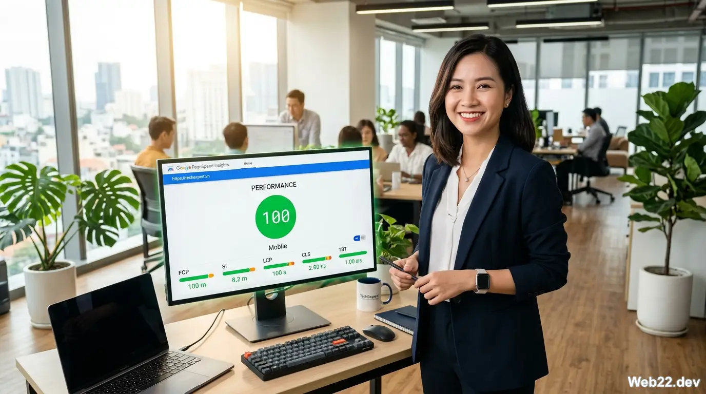 Chuyên gia kỹ thuật tại Web22 đang kiểm tra tốc độ website trên Google PageSpeed Insights đạt điểm số 100 tuyệt đối, giao diện website hiện đại và chuẩn hiệu suất.