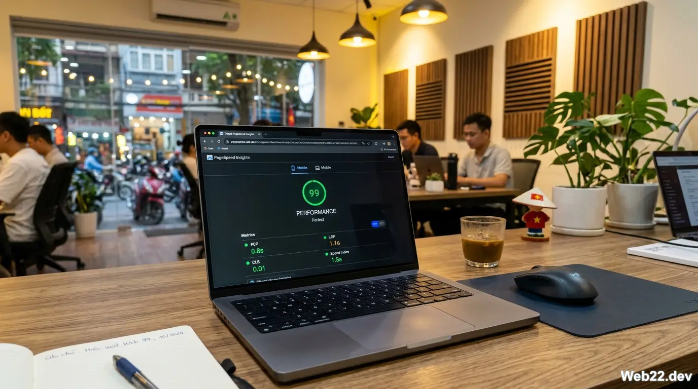 Màn hình máy tính hiển thị điểm số Google PageSpeed Insights đạt mức xanh tuyệt đối cho một dự án website được tối ưu bởi quy trình tinh gọn của Web22.