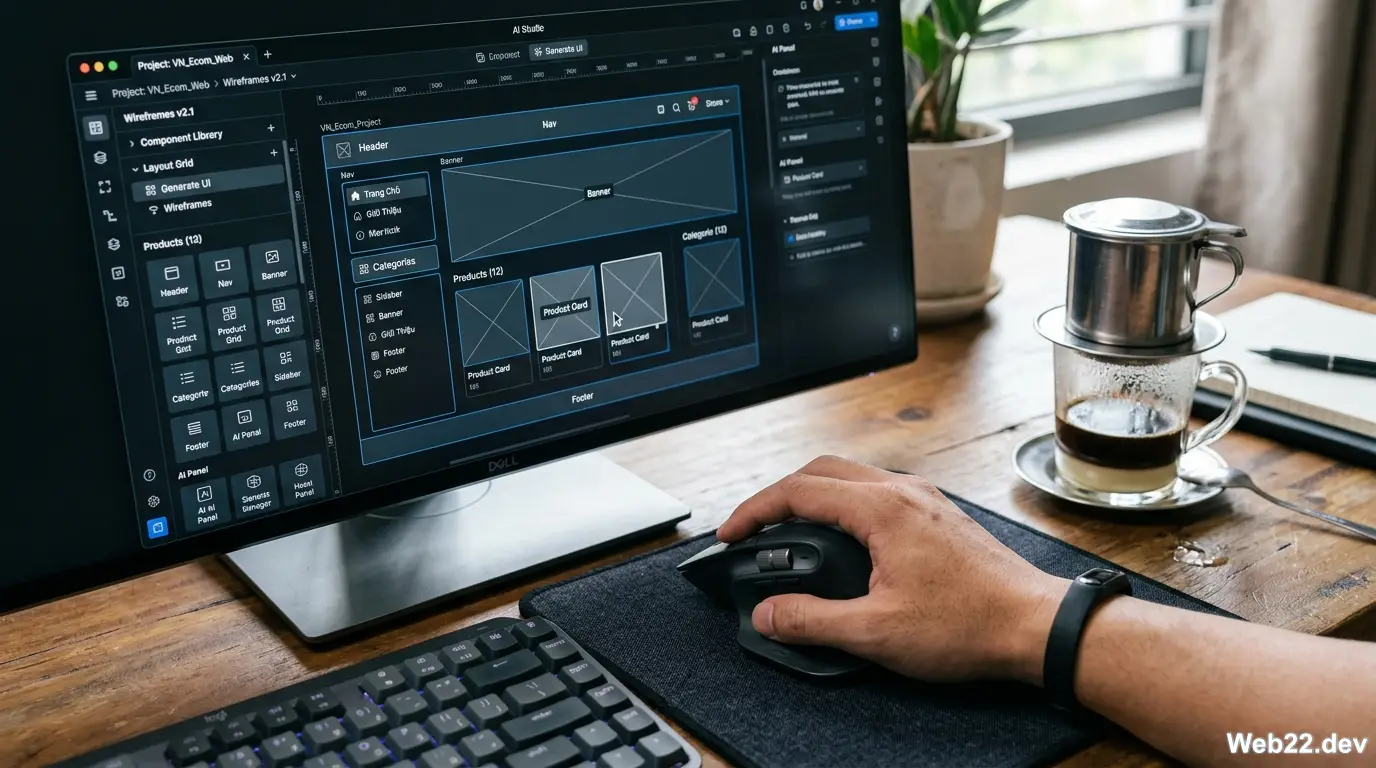 Kỹ thuật viên tại Web22 đang sử dụng công cụ AI Studio để phác thảo giao diện Wireframe cho khách hàng, giúp rút ngắn thời gian thiết kế và tăng độ chính xác.