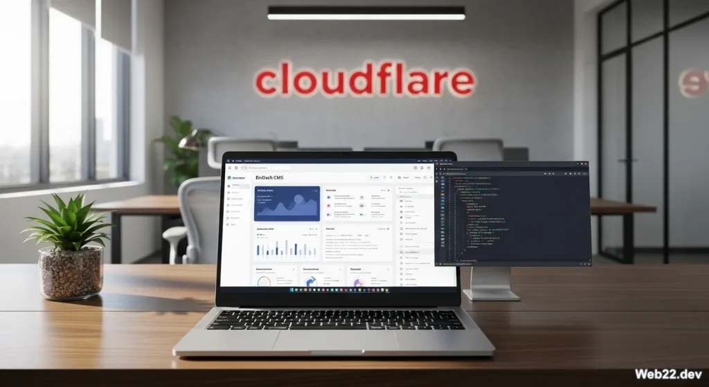 Giao diện quản trị hiện đại của EmDash CMS hiển thị trên máy tính xách tay với logo Cloudflare Workers phía sau