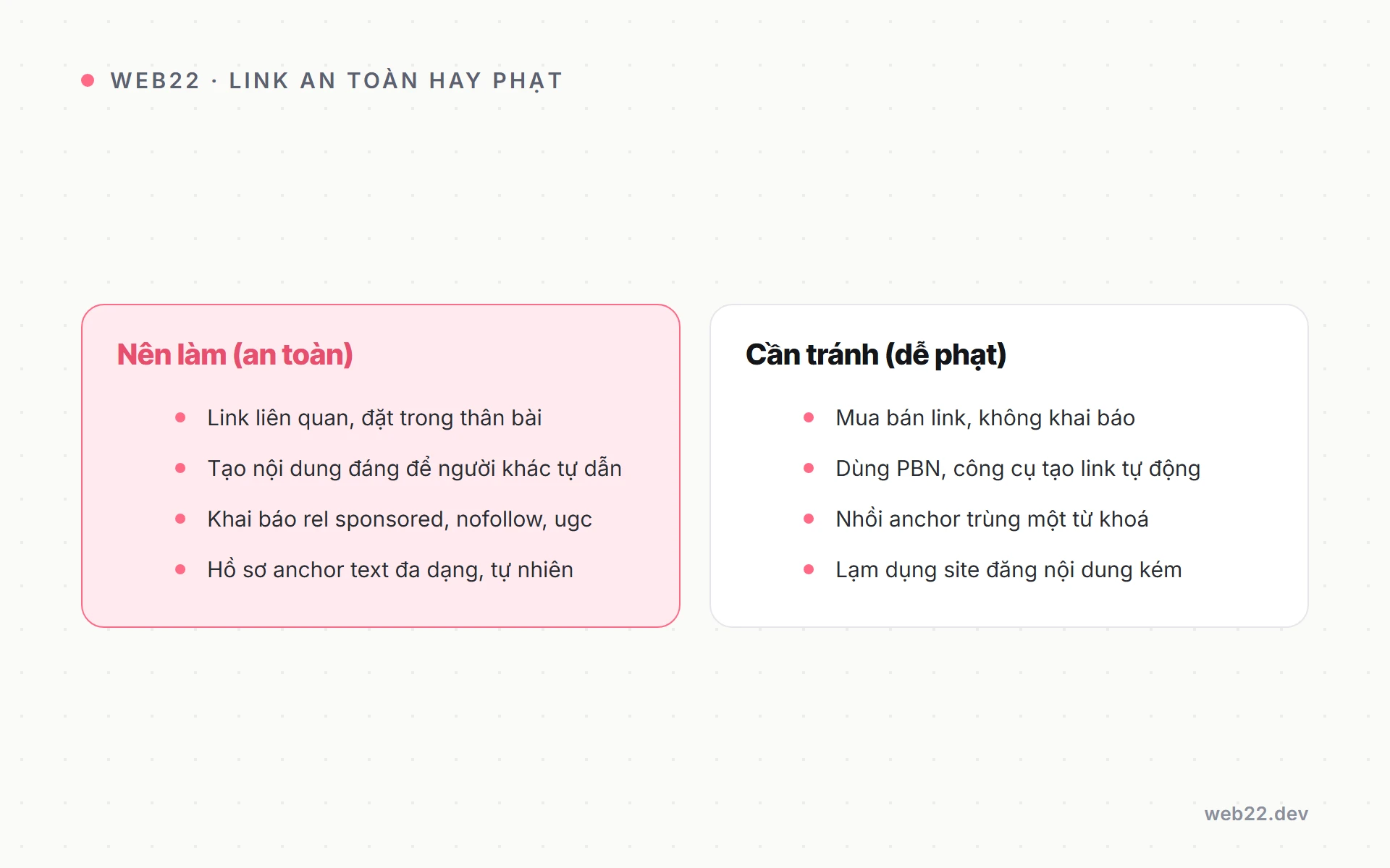 Bảng so sánh cách xây backlink an toàn và kiểu thao túng dễ bị Google phạt