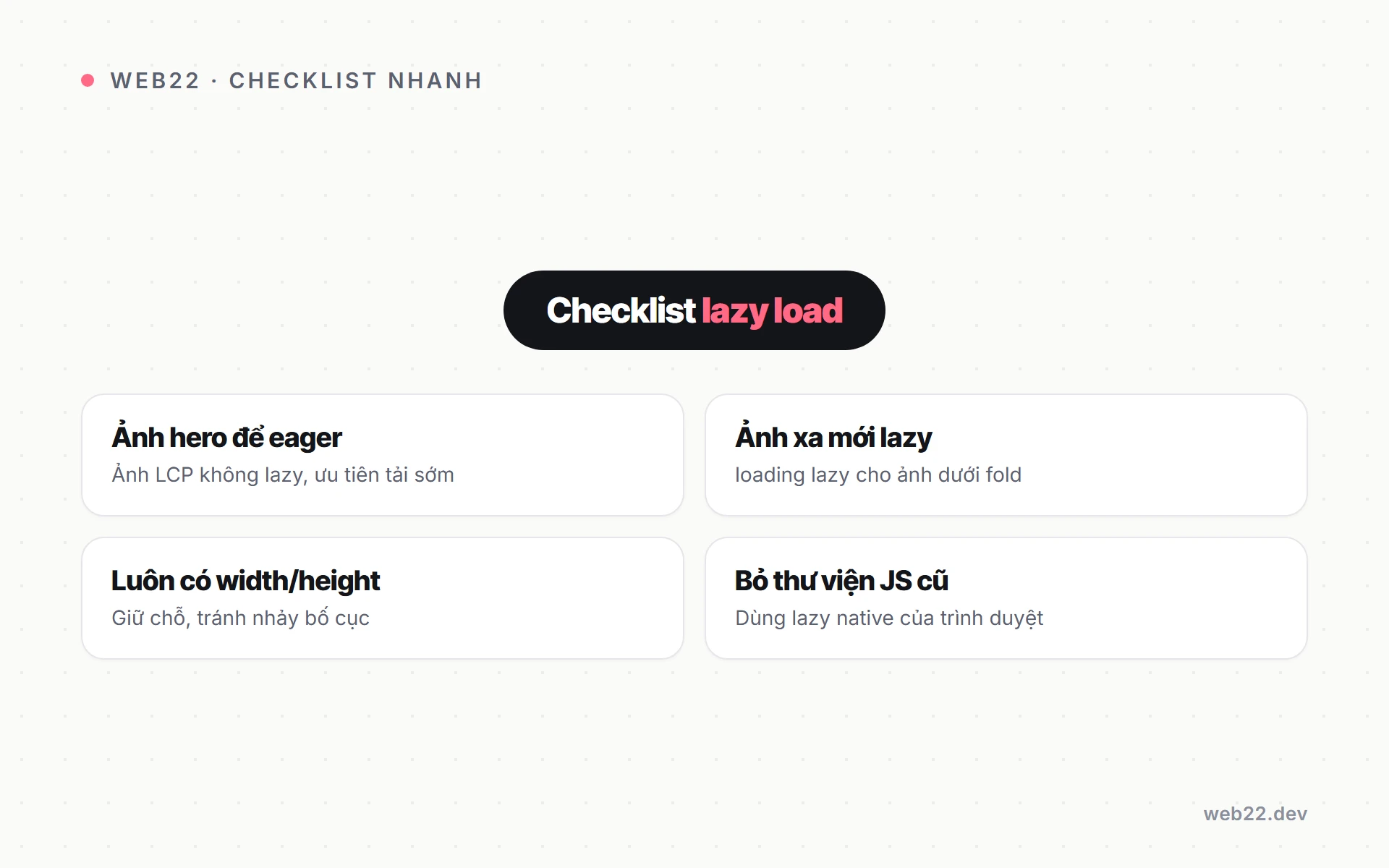 Lazy load ảnh đúng cách (và bẫy ảnh hero làm chậm LCP) 3 Checklist nhanh khi đặt lazy load ảnh để tăng tốc mà không hại LCP