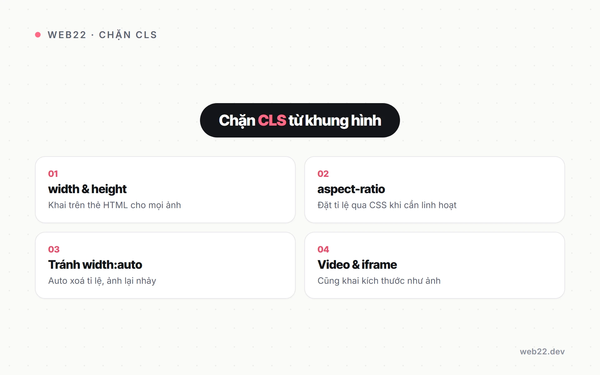 Checklist nhanh khai kích thước ảnh video iframe bằng width height và aspect-ratio để chặn CLS dưới 0.1