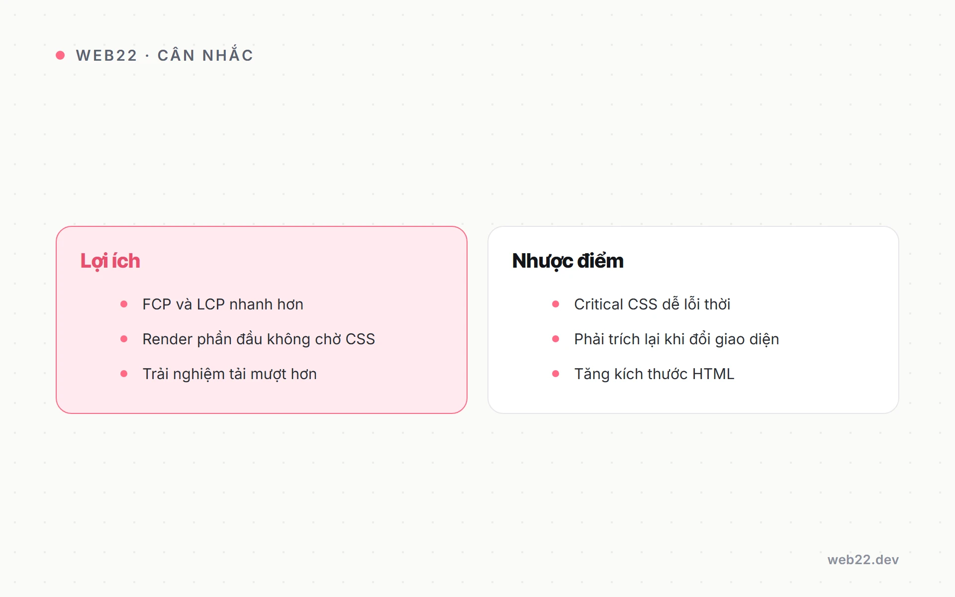 Critical CSS là gì (tách CSS tới hạn để render nhanh hơn) 3 Sơ đồ cân nhắc lợi ích critical CSS với FCP LCP và nhược điểm khó bảo trì