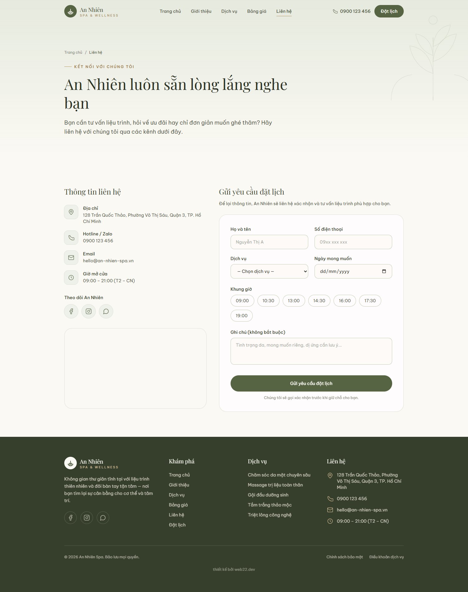 Trang liên hệ với bản đồ nhúng và form đặt lịch