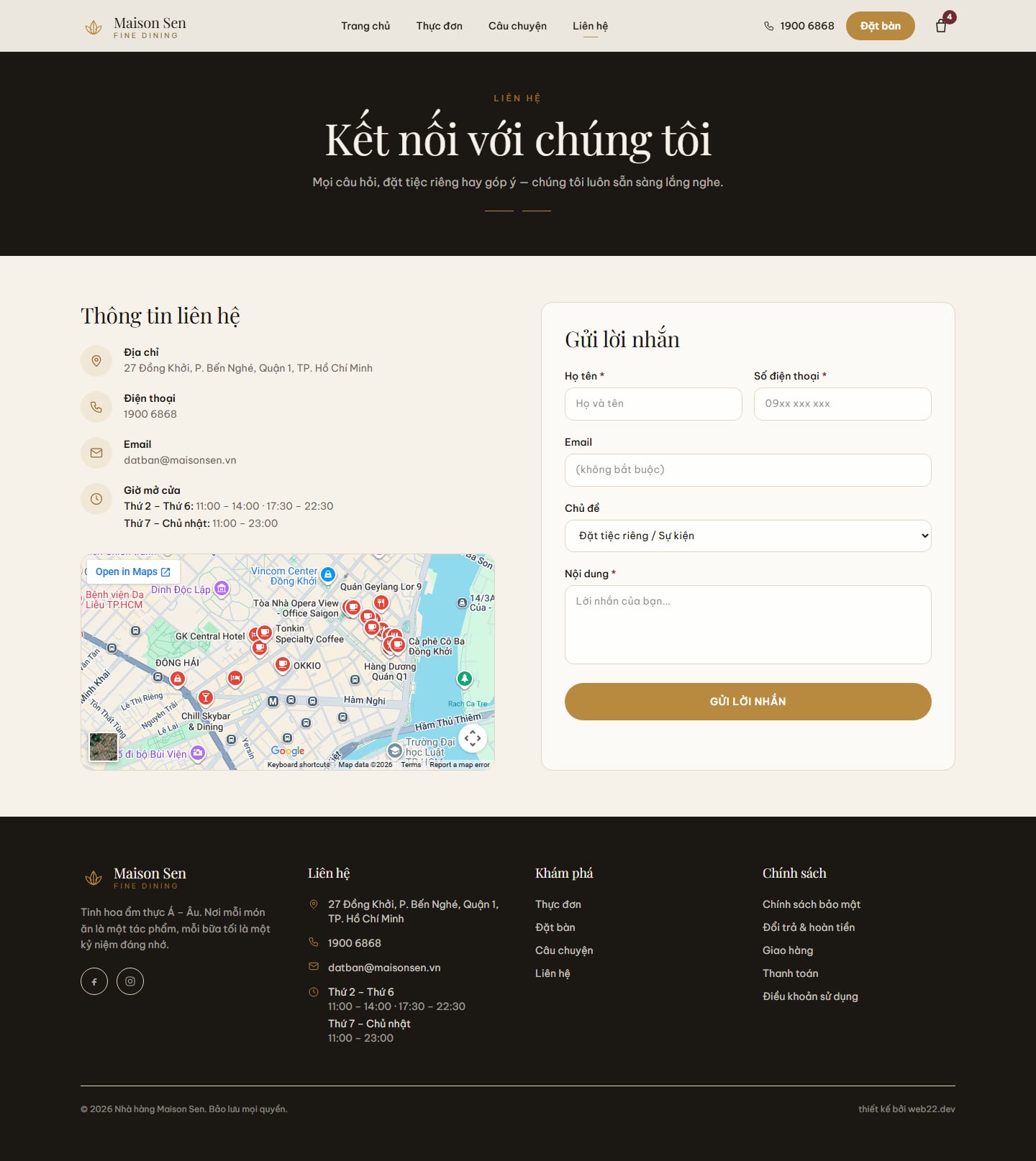 Trang liên hệ với bản đồ và form gửi yêu cầu