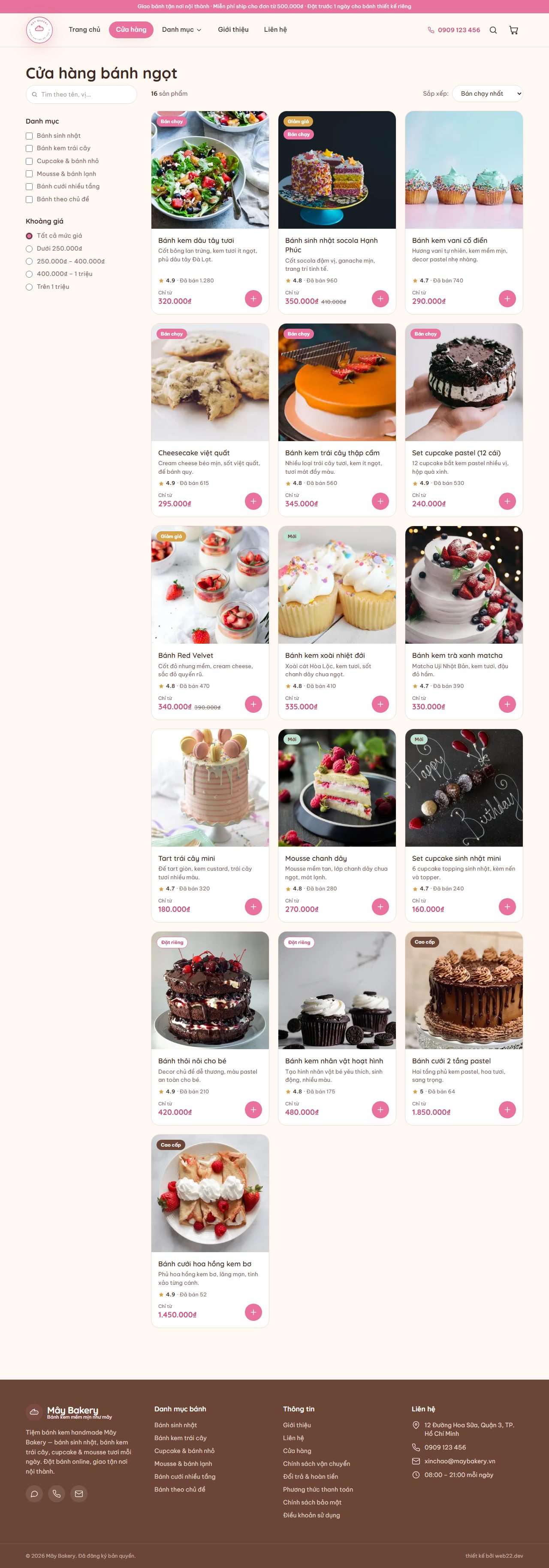 Trang cửa hàng Mây Bakery có bộ lọc và danh mục