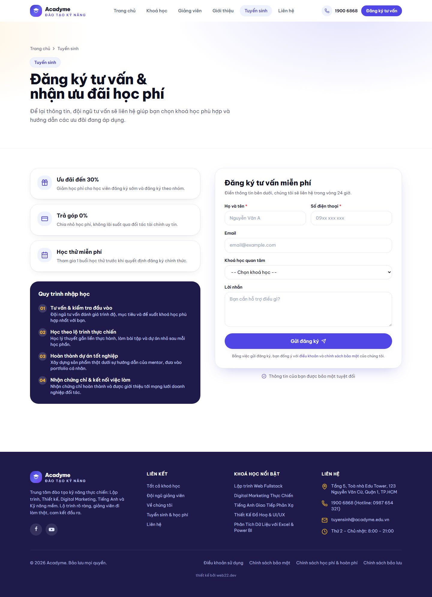 Trang tuyển sinh với form tư vấn