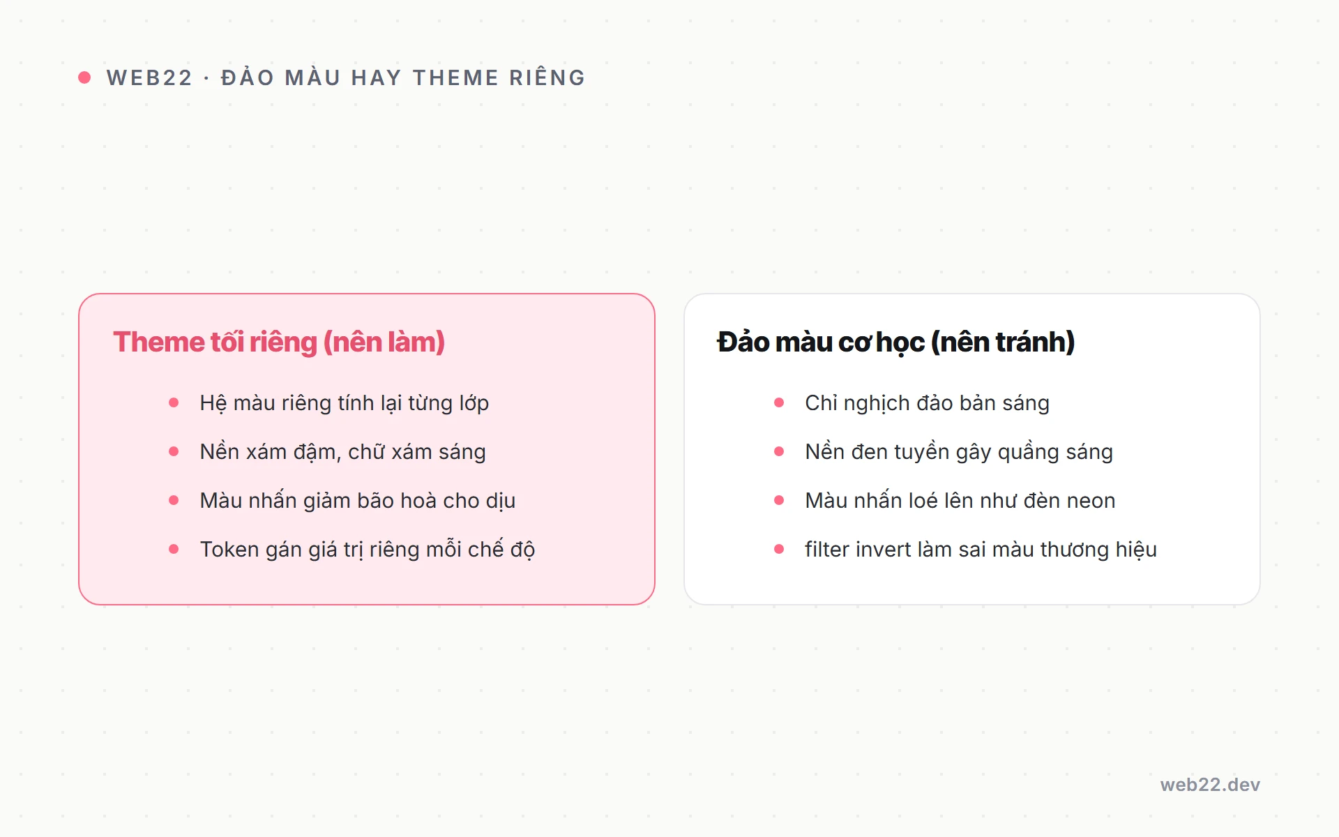 Thiết kế dark mode đúng cách (không phải chỉ đảo màu) 3 So sánh theme tối riêng và đảo màu cơ học khi làm dark mode