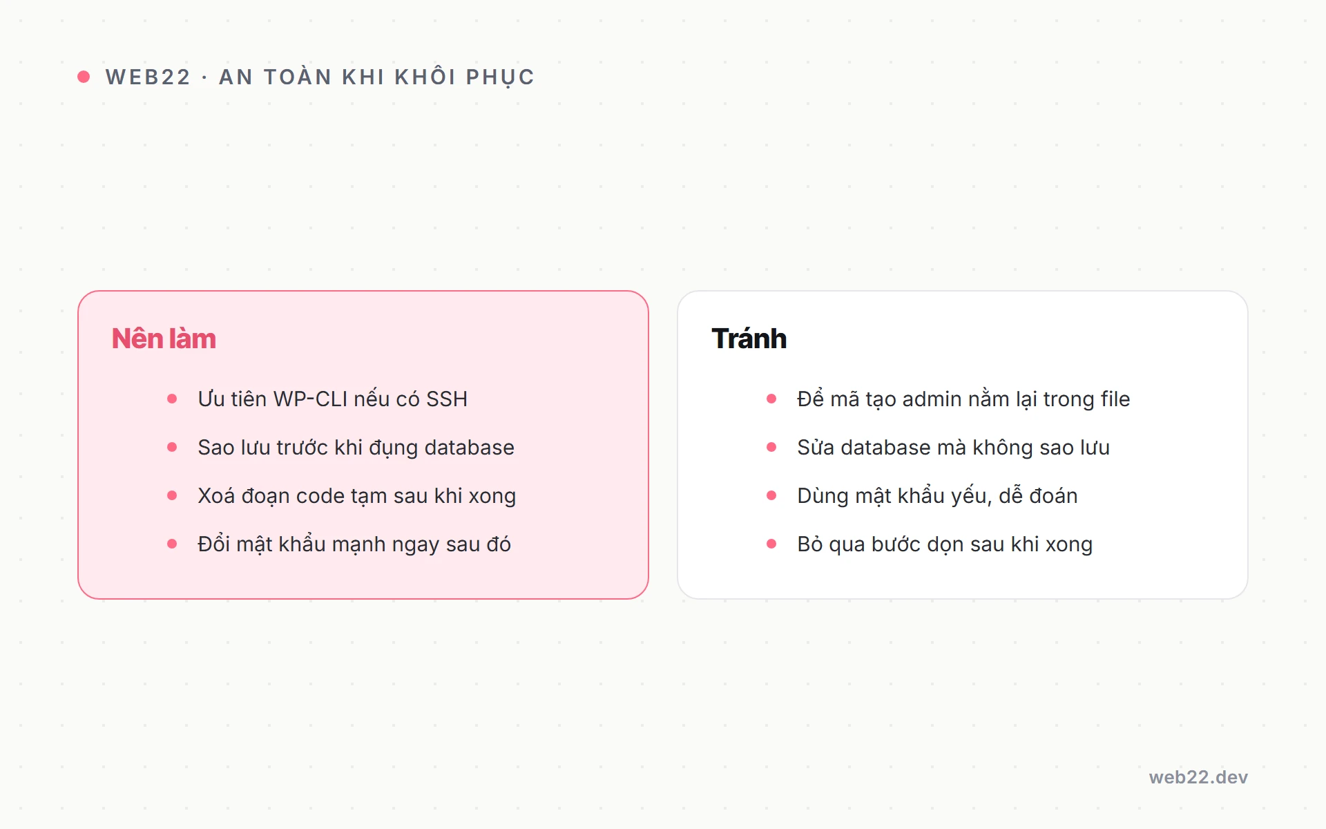Cách lấy lại quyền admin WordPress khi bị mất 5 Sơ đồ so sánh thao tác an toàn và thao tác rủi ro khi lấy lại quyền admin WordPress.