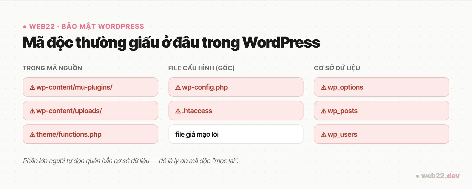 Mã độc thường giấu ở đâu trong WordPress 2 Sơ đồ các vị trí mã độc thường giấu trong WordPress: mu-plugins, uploads, wp-config, .htaccess, wp_options, wp_posts, wp_users