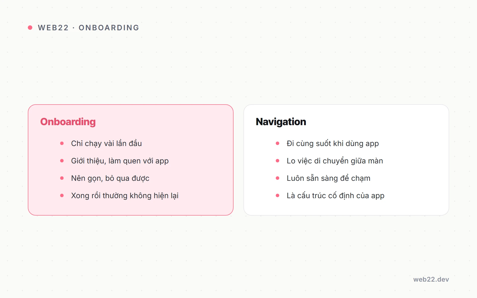 Onboarding mobile app (dẫn người dùng mới nhanh gọn, ít bỏ app) 2 So sánh onboarding và navigation trong mobile app khác nhau ở vai trò nào