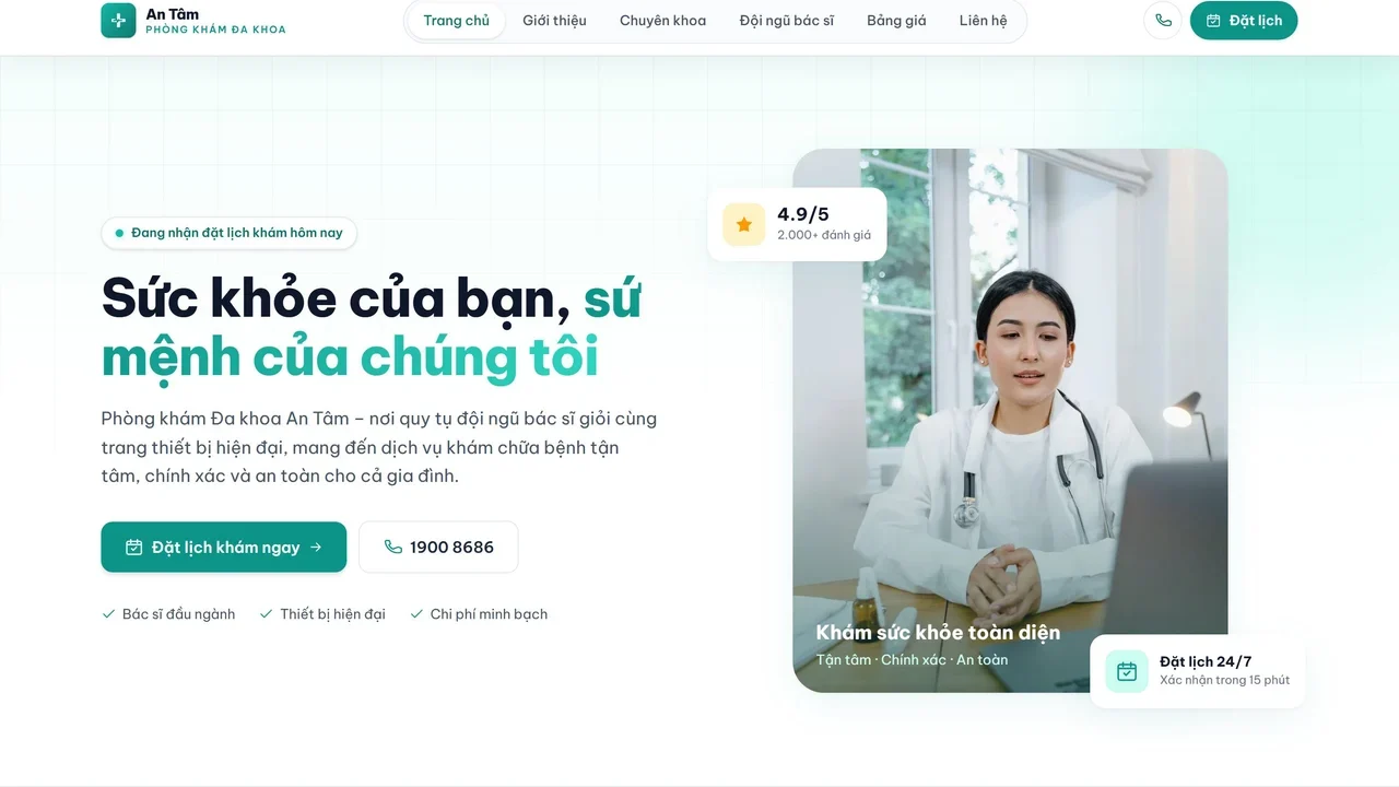 Thiết kế website chuẩn SEO để Google hiểu đúng, khách dễ dùng 8 Trang chủ bản mẫu Phòng khám An Tâm do Web22 tự dựng