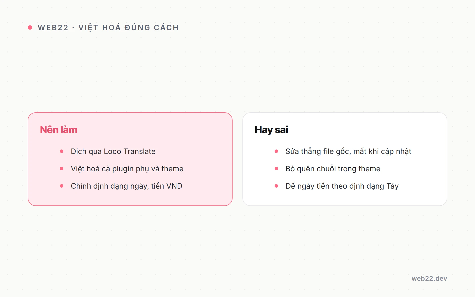 Việt hoá WooCommerce đúng cách mà không sợ mất khi cập nhật 3 Bảng đối chiếu việc nên làm và sai lầm thường gặp khi việt hoá WooCommerce.