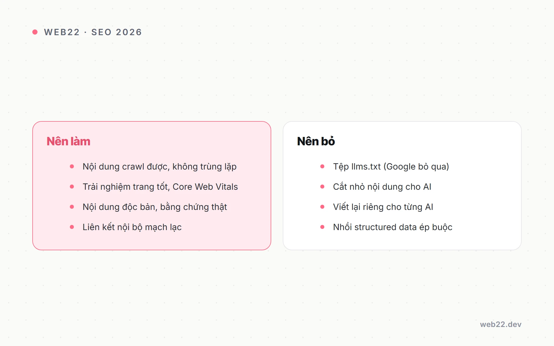 Sơ đồ so sánh việc nên bỏ và việc nên làm trong SEO 2026 theo Google