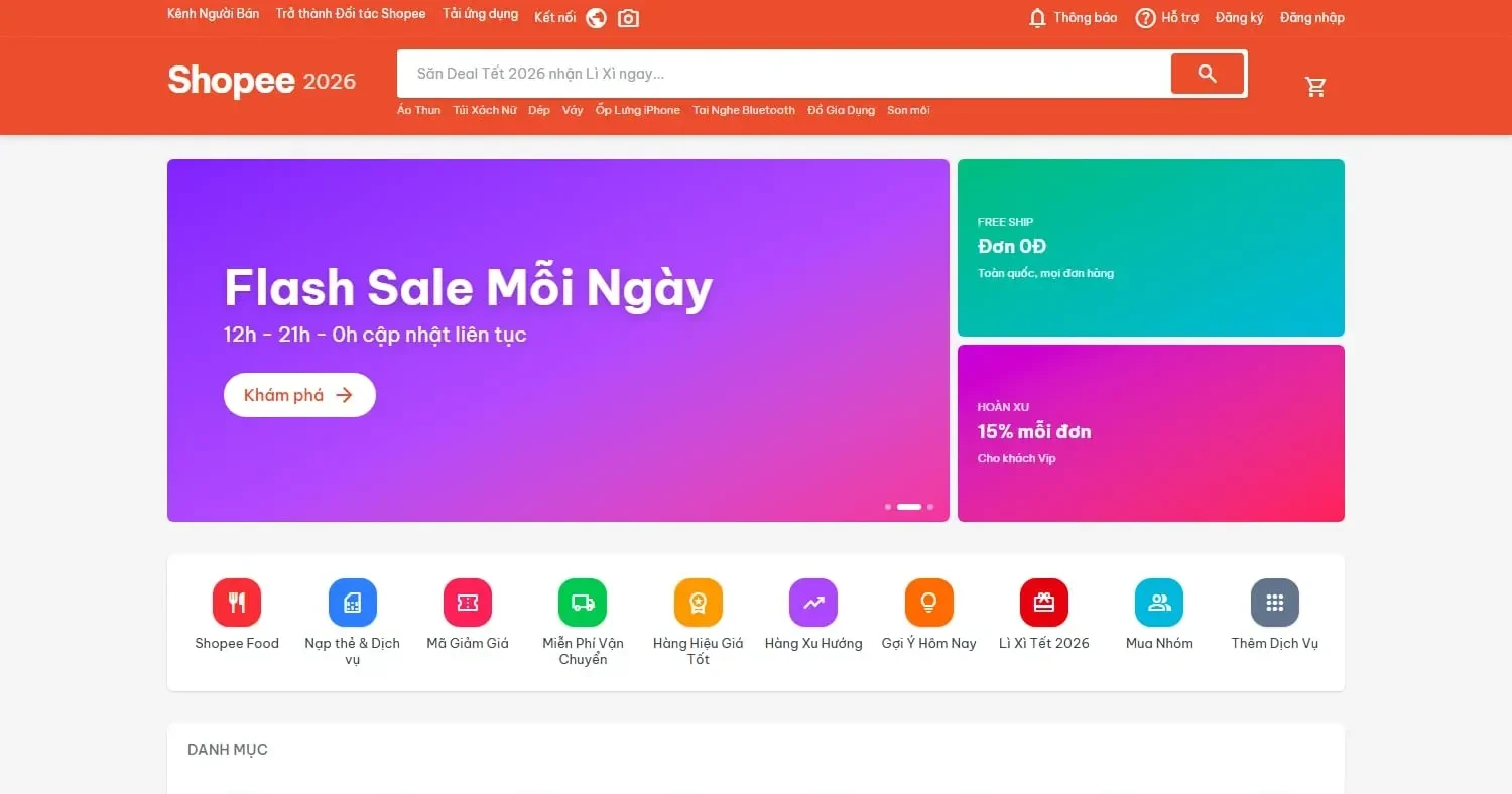 Shopee 2026 — bản dựng mẫu sàn TMĐT trên WordPress