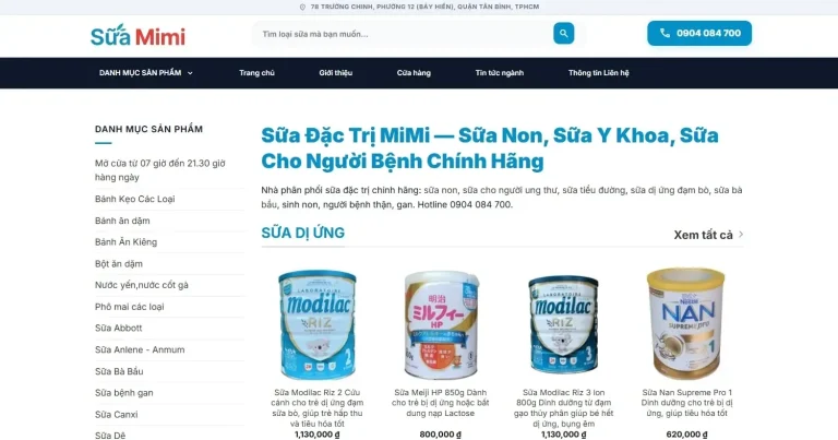 Giao diện trang chủ website Sữa Đặc Trị MiMi do Web22 thiết kế